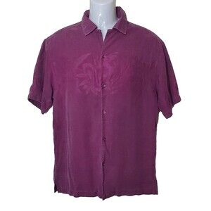 Geoffrey Beene Shirt Mens Large Purple Silk Hawaiian Floral Button Up Camp